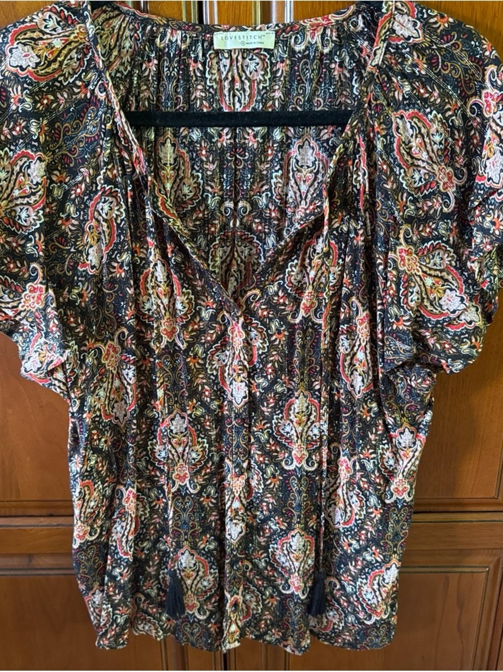 lovestitch Black Paisley V-Neck Short Sleeve Blouse with Tie